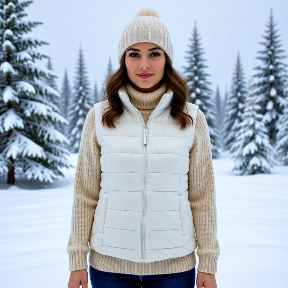 Y2K Puffer Vest Womens XS Ivory Full Zip Lightweight Comfortable Spring Winter